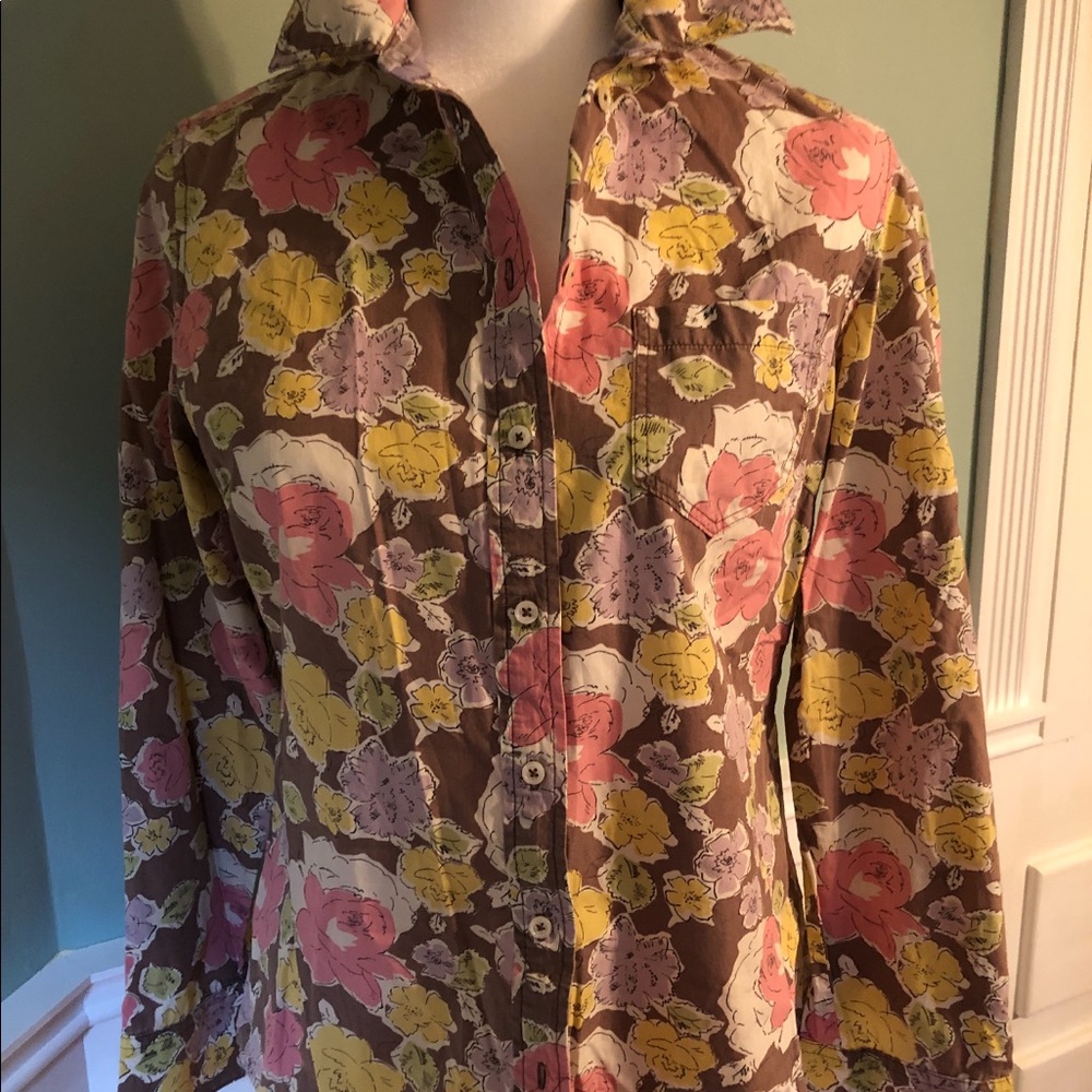 Boden button down floral shirt brown color: tan, pink, green, lilac US8